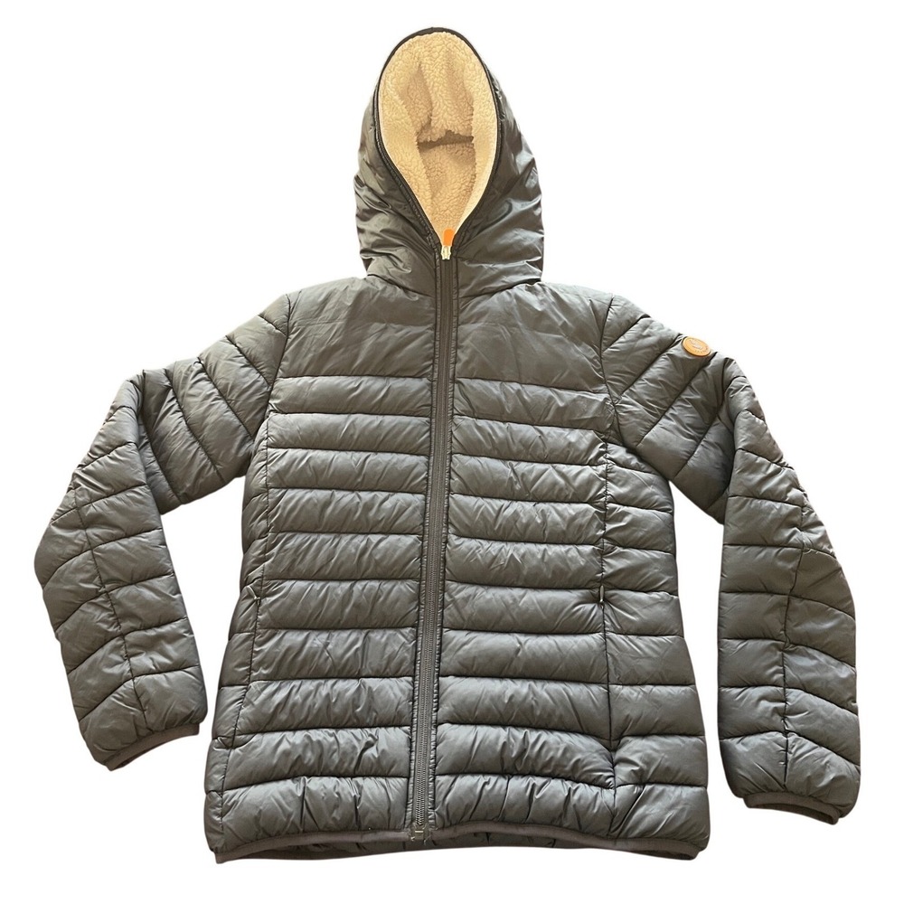 Save The Duck Kids Black Ultra Light Puffer Jacket Faux Shearling Lined Size 14